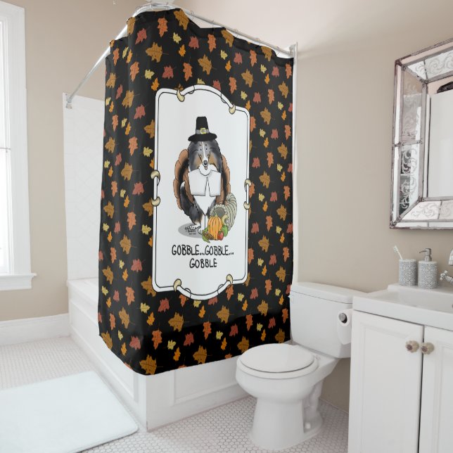 Rideaux De Douche Thanksgiving Shetland Sheepdog (merle bleu) Drôle (En situation)