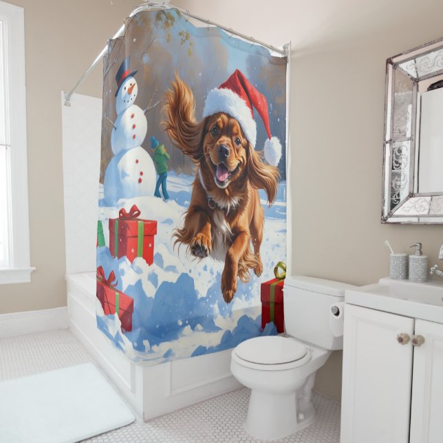 Rideaux De Douche Tibetan Spaniel courant dans la neige avec un chap (En situation)