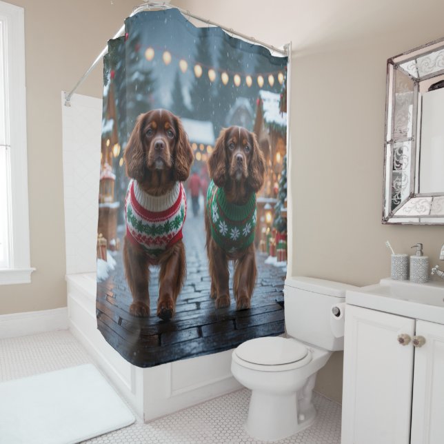 Rideaux De Douche Tibetan Spaniel Dogs Christmas Snow Holiday (En situation)