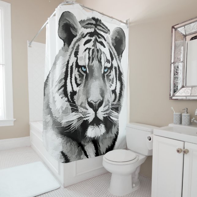 Rideaux De Douche Tiger Noir et Blanc Bleu yeux (En situation)