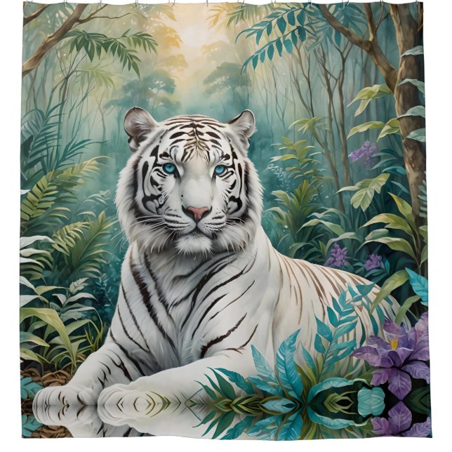 Rideaux De Douche Tigre blanc dans une jungle bleue verte (Devant)