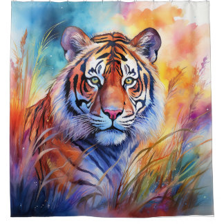 Rideaux De Douche Tigre dans l'Herbe en Aquarelle