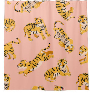 Rideaux De Douche Tigres caricaturaux, motif vintage rose.