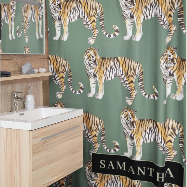 Rideaux De Douche Tigres d'aquarelle verte tropicale Motif avec nom (Créateur téléchargé)