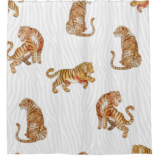 Rideaux De Douche Tigres sauvages : Motif d'animaux d'aquarelle.