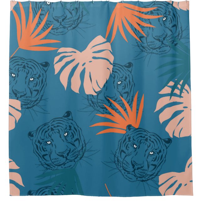 Rideaux De Douche Tigres tropicaux Feuilles Bleu profond (Devant)