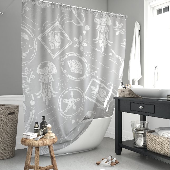 Rideaux De Douche Timbre de mer gris vintage (Créateur téléchargé)
