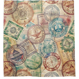 Rideaux De Douche Timbre de passeport rustique motif de voyage (1)