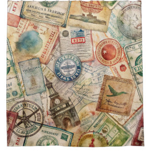 Rideaux De Douche Timbre de passeport rustique motif voyage (5)