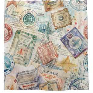 Rideaux De Douche Timbre de passeport rustique motif voyage (7)