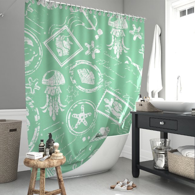 Rideaux De Douche Timbre Marin Vert Menthe Vintage (Créateur téléchargé)