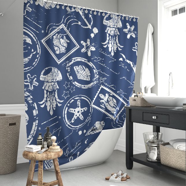 Rideaux De Douche Timbre Marin Vintage Bleu Marine (Créateur téléchargé)
