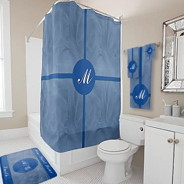 Rideaux De Douche Tissu Bleu Texturé Imprimer monogramme - Toute cou (Créateur téléchargé)