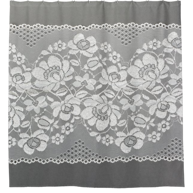 Rideaux De Douche Tissu de dentelle blanc sur gris  (Devant)