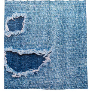 Rideaux De Douche Tissu en denim déchiré, teintes bleues.