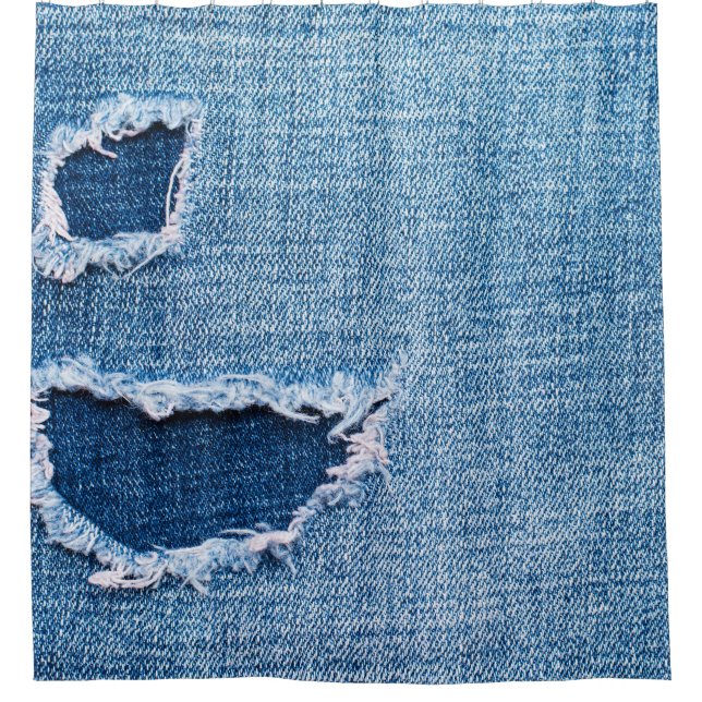 Rideaux De Douche Tissu en denim déchiré, teintes bleues. (Devant)