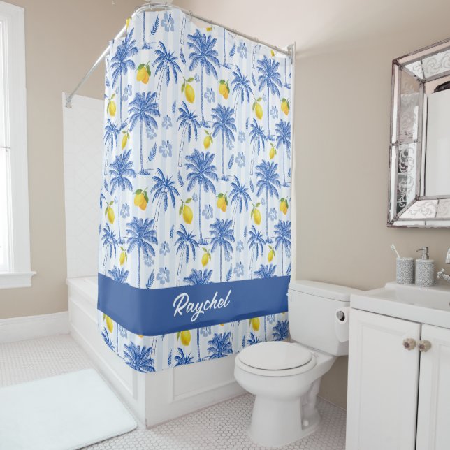 Rideaux De Douche Toile Bleue Palmiers Citrons Monogramme Nom (En situation)