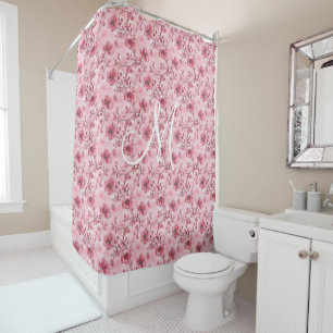 Rideaux De Douche Toile de chinoiserie florale rose monogramme vinta