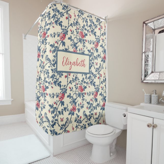 Rideaux De Douche Toile de Jouy bleu et rouge floral et oiseaux (En situation)