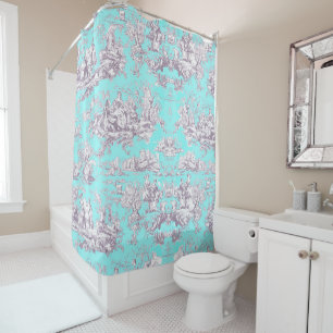 Rideaux De Douche Toile De Jouy Florale Bleu Aqua Vintage