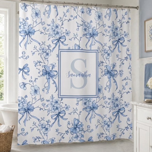 Rideaux De Douche Toile de Jouy Florale Bleue Monogramme Nom (Créateur téléchargé)