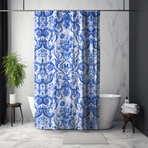 Rideaux De Douche Toile de Jouy Scénique Monogramme Bleu Vintage