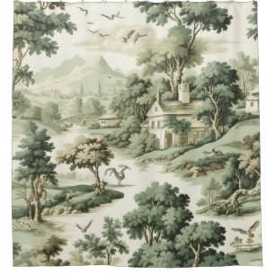 Rideaux De Douche Toile de Jouy Verte Maison de Campagne Motif Villa