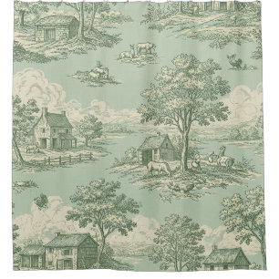 Rideaux De Douche Toile de Jouy verte pastorale Scène de campagne Fe