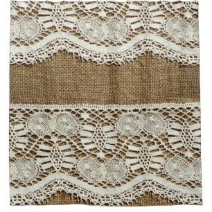 Rideaux De Douche toile de jute rustique, dentelle blanche, cru,