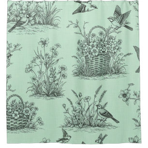 Rideaux De Douche Toile pastorale vert menthe avec oiseaux et fleurs