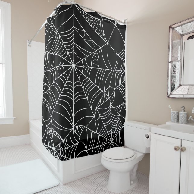 Rideaux De Douche Toiles d'araignée noires et blanches Halloween (En situation)