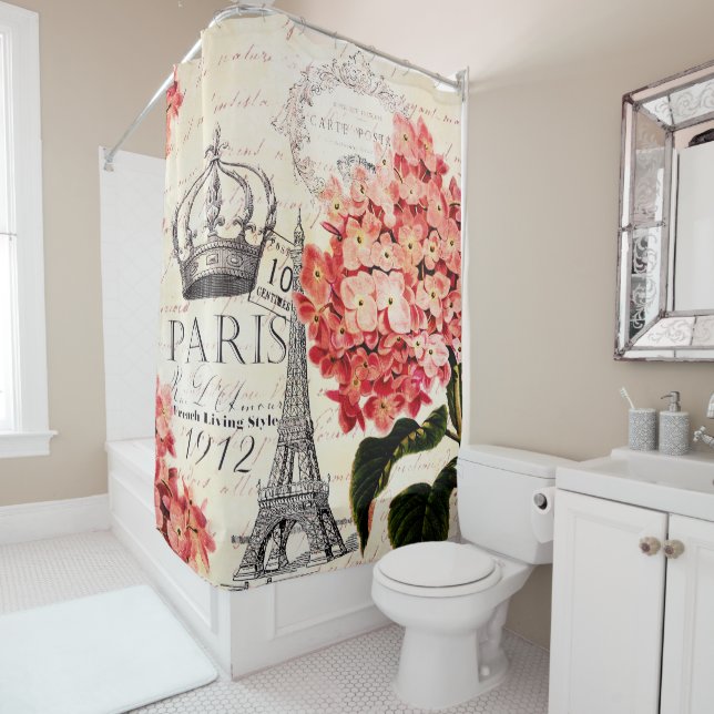 Rideaux De Douche Tour Eiffel et hydrangée (En situation)