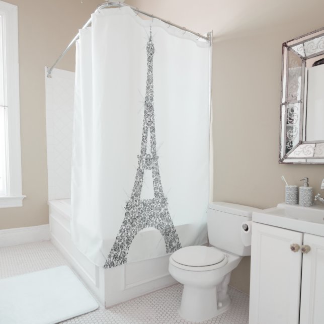 Rideaux De Douche Tour Eiffel Paris Cristaux Swarovski blanc argent (En situation)