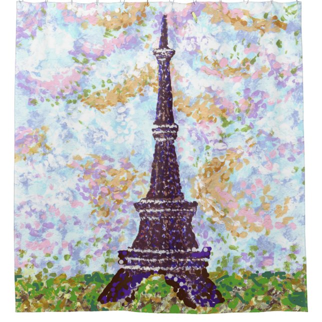Rideaux De Douche Tour Eiffel Pointillisme Herbe Nuage Ciel Paysage (Devant)