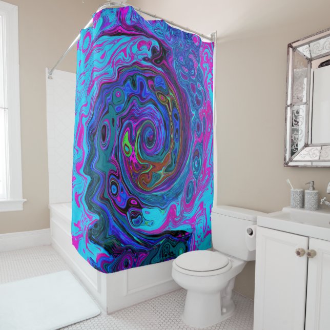 Rideaux De Douche Tourbillon Abstrait Rétro Groovy Bleu et Violet (En situation)