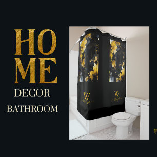 Rideaux De Douche tourbillon de marbre floral de luxe noir & or