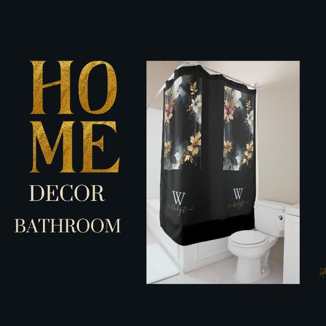 Rideaux De Douche tourbillon de marbre floral de luxe noir & or (Créateur téléchargé)