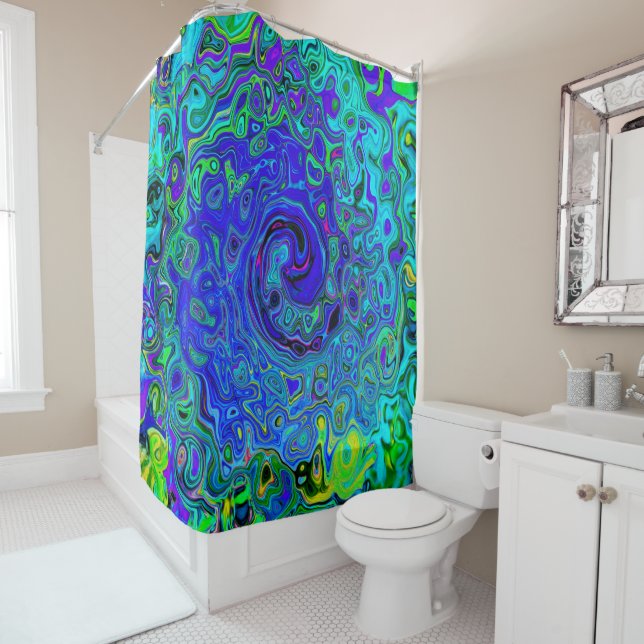 Rideaux De Douche Tourbillonnement Liquide Abstrait Violet Bleu Rétr (En situation)
