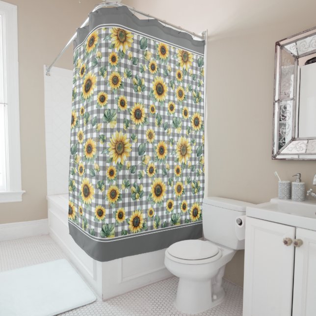 Rideaux De Douche Tournesols et Gingham Maison de Campagne Rustique  (En situation)