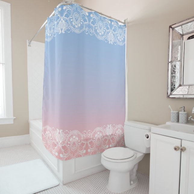 Rideaux De Douche Tranquille Pink To Blue Gradient & White Lace (En situation)