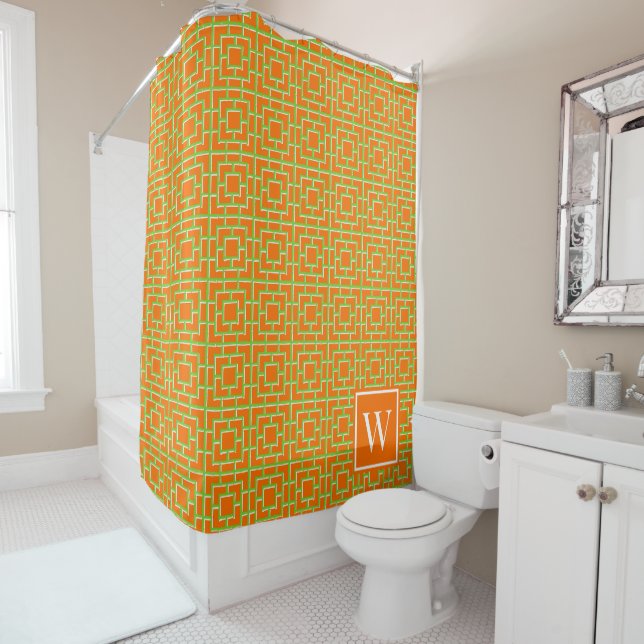 Rideaux De Douche Treillis de bambou groovy - Orange et vert citron (En situation)