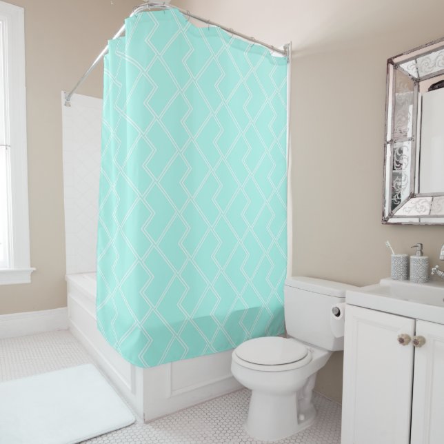 Rideaux De Douche Trendy Chic Geometrique Turquoise Carreaux blancs (En situation)