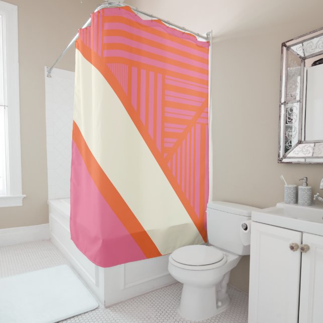 Rideaux De Douche Triangle rayures en rose, orange et crème (En situation)