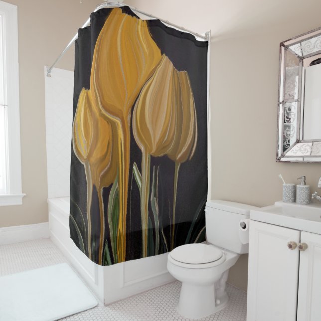 Rideaux De Douche Trio de tulipes dorées sur fond noir (En situation)