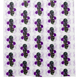 Rideaux De Douche Triple Jour Noir Des Crânes Morts Roses Violets