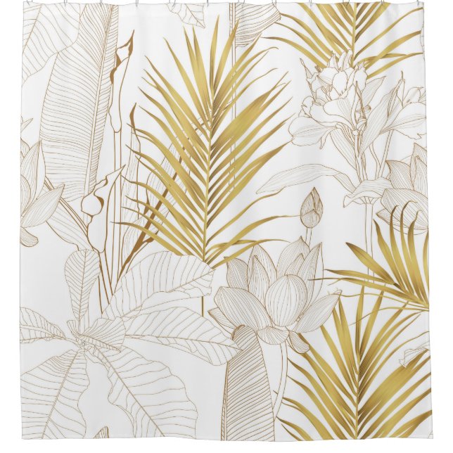 Rideaux De Douche Tropical exotic floral line golden palm leaves and (Devant)