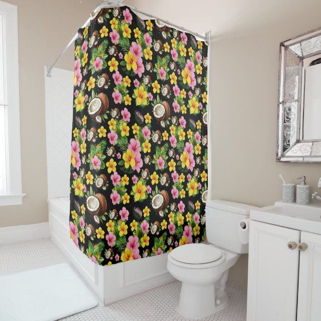 Rideaux De Douche Tropical floral noir (En situation)