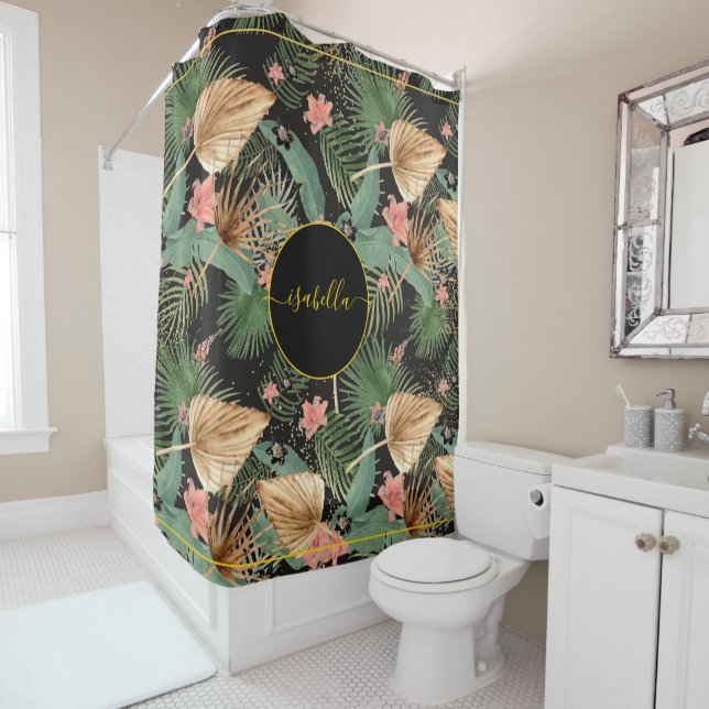 Rideaux De Douche Tropical Green Palm Feuilles Monogramme noir (En situation)
