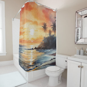 Rideaux De Douche Tropical Island Ocean Beach Sunset