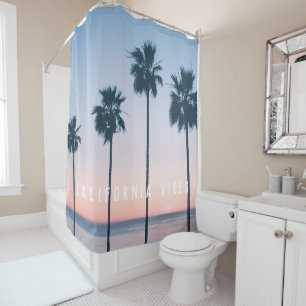 Rideaux De Douche Tropical Pink Blue Palm Trees Sunset Personnalisé
